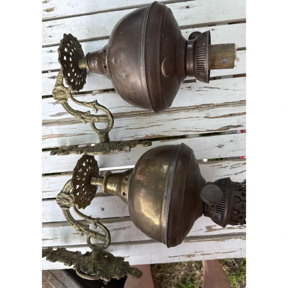 Pair Antique Brass Namna TTO MONNE Wall Sconce Fuel Oil Lamp 12x8